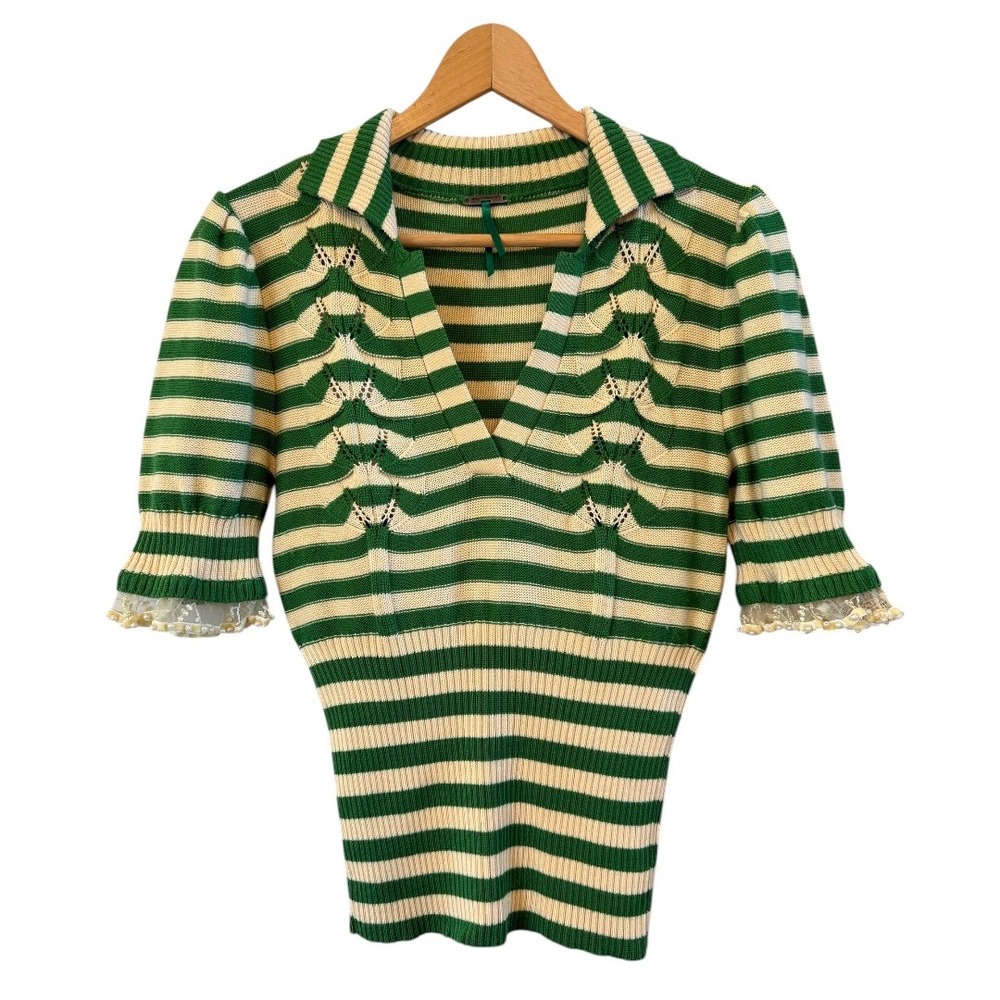 Fornarina Wmns Green/Yellow Striped Retro Style V-Neck SS Sweater Ornate Cuffs M